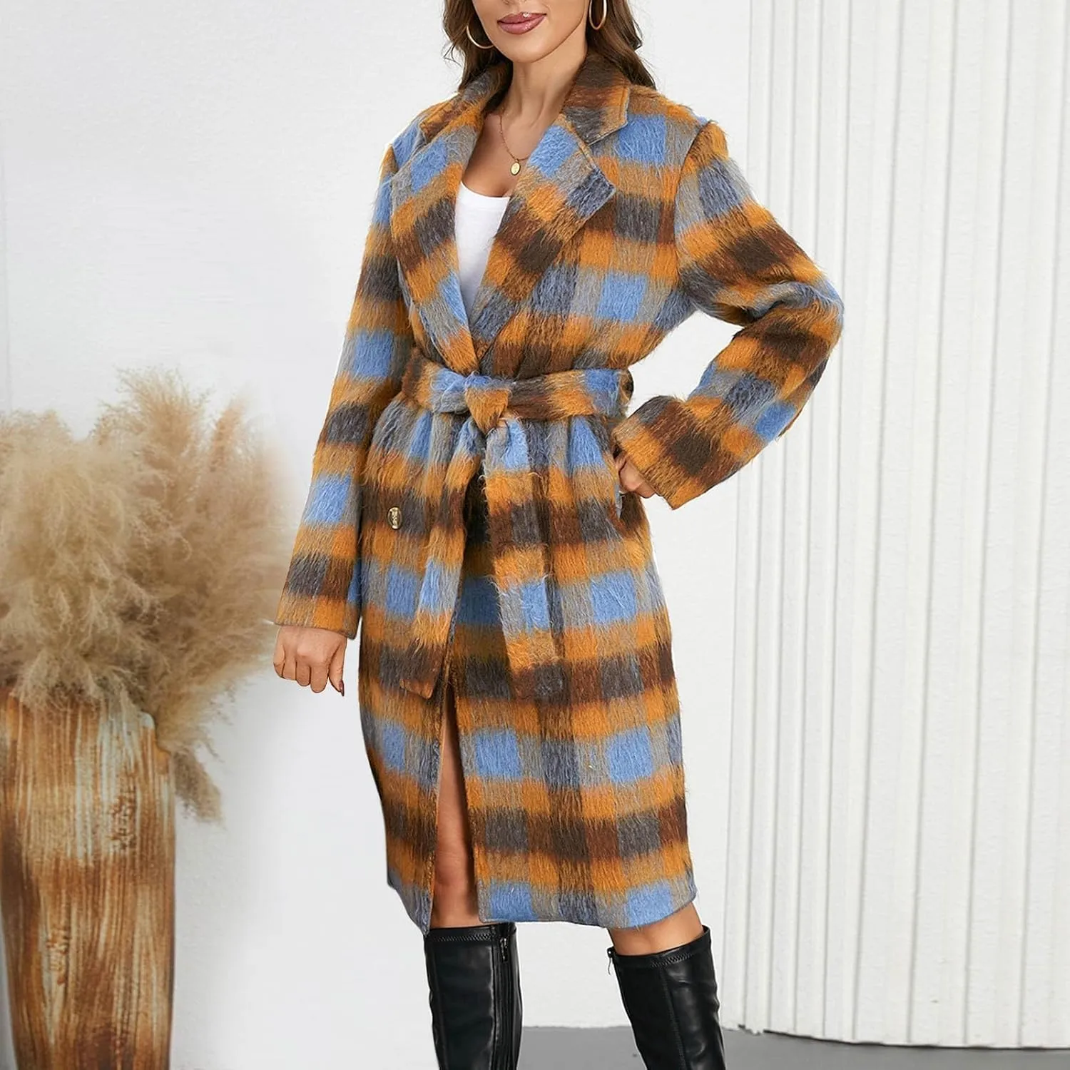 Trench Coat Women with Belt Double Breasted Plaid Coat Wool Blend Peacoat Lapel Overcoat Fashion Fall Winter Outfits