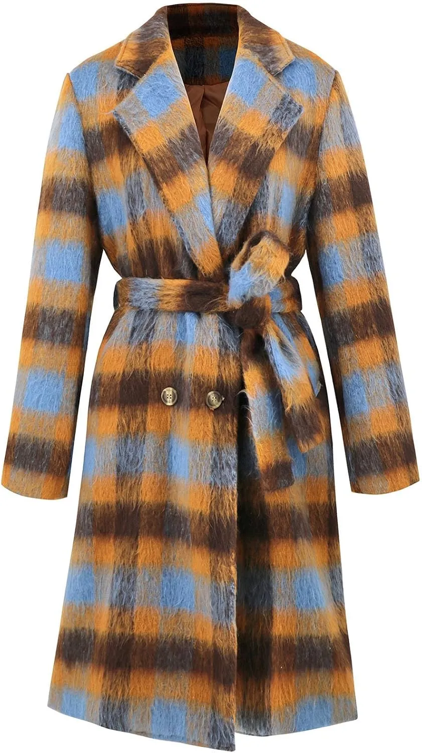 Trench Coat Women with Belt Double Breasted Plaid Coat Wool Blend Peacoat Lapel Overcoat Fashion Fall Winter Outfits