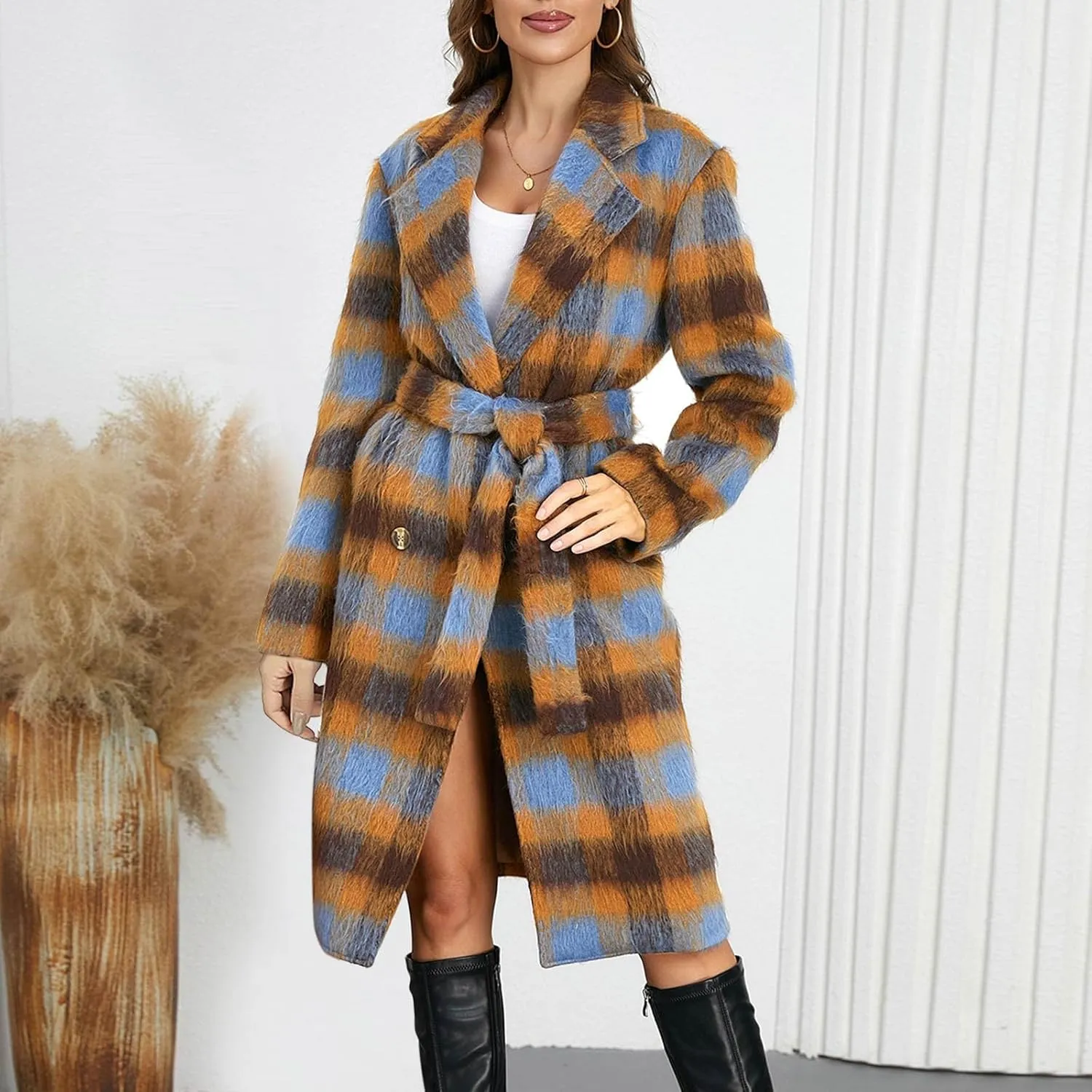 Trench Coat Women with Belt Double Breasted Plaid Coat Wool Blend Peacoat Lapel Overcoat Fashion Fall Winter Outfits