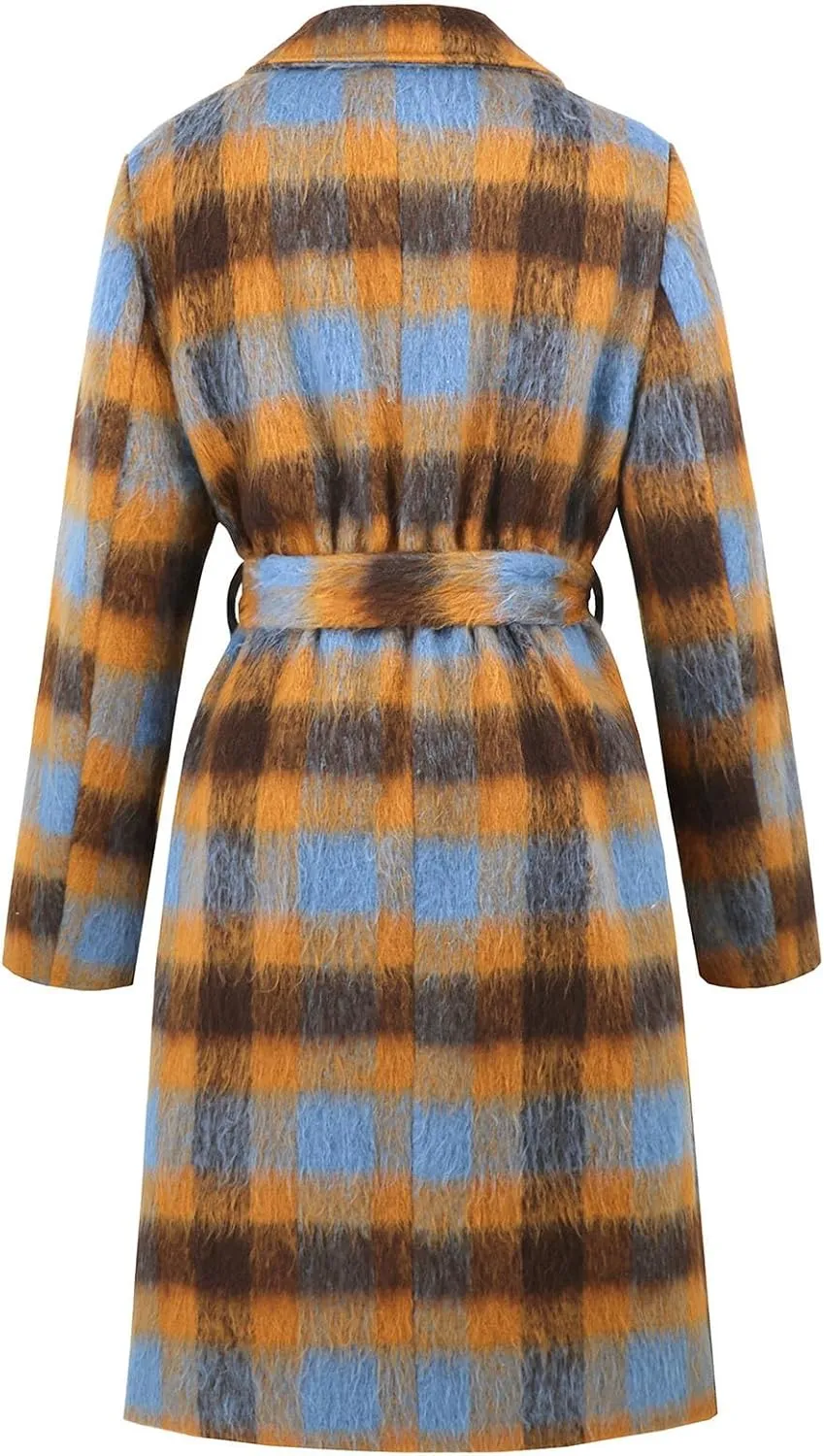 Trench Coat Women with Belt Double Breasted Plaid Coat Wool Blend Peacoat Lapel Overcoat Fashion Fall Winter Outfits