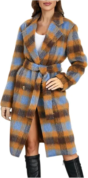 Trench Coat Women with Belt Double Breasted Plaid Coat Wool Blend Peacoat Lapel Overcoat Fashion Fall Winter Outfits