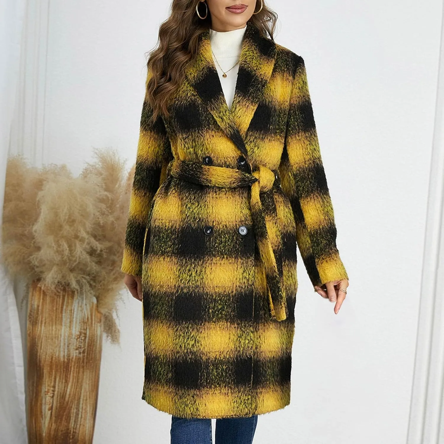 Trench Coat Women with Belt Double Breasted Plaid Coat Wool Blend Peacoat Lapel Overcoat Fashion Fall Winter Outfits