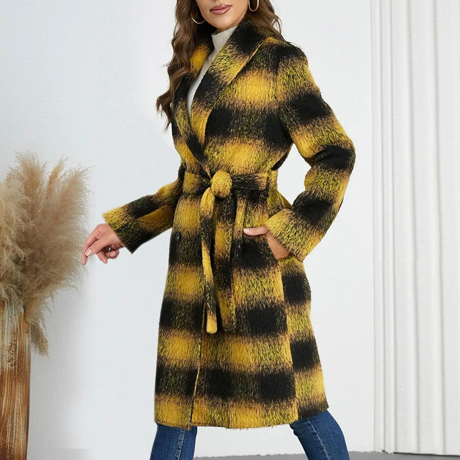 Trench Coat Women with Belt Double Breasted Plaid Coat Wool Blend Peacoat Lapel Overcoat Fashion Fall Winter Outfits