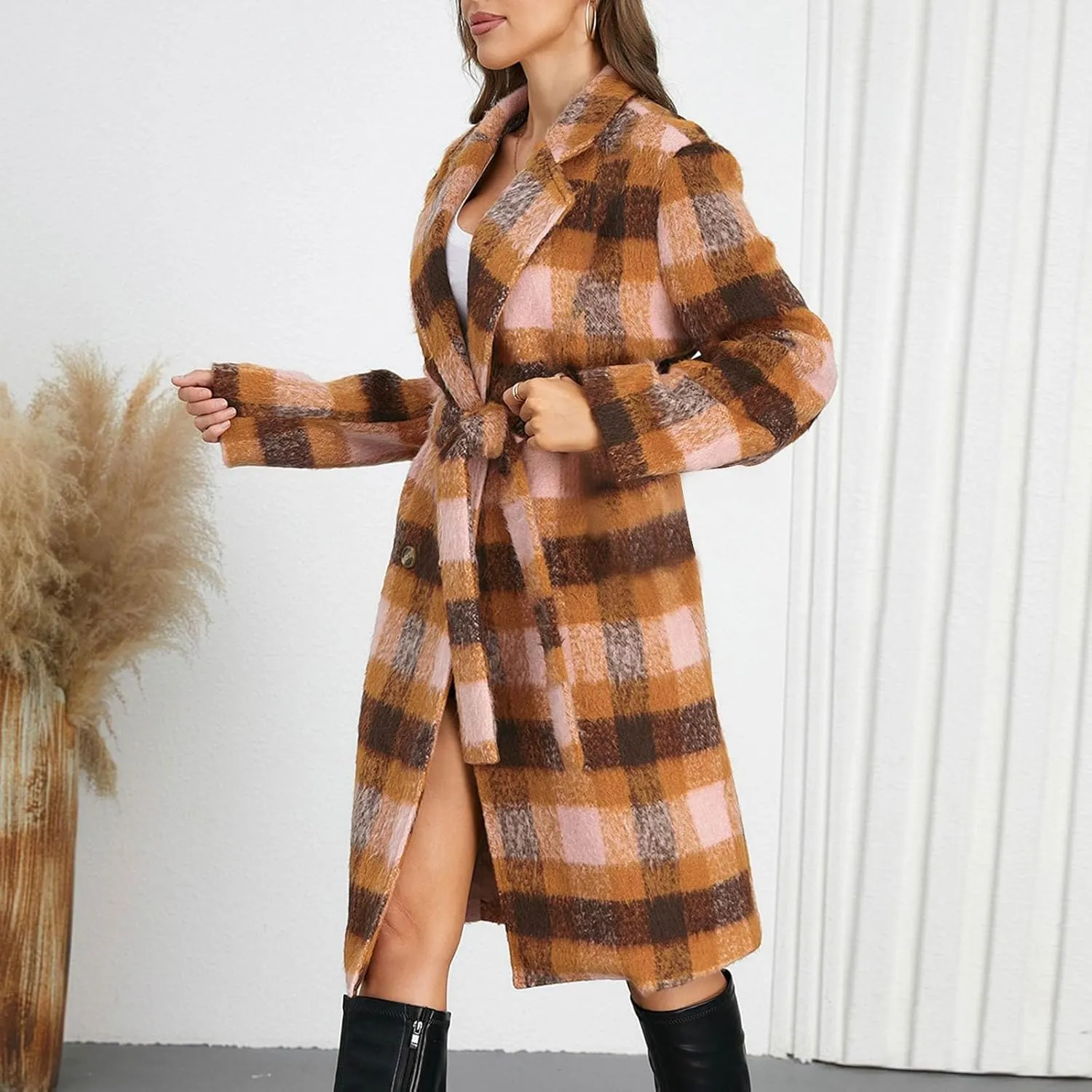 Trench Coat Women with Belt Double Breasted Plaid Coat Wool Blend Peacoat Lapel Overcoat Fashion Fall Winter Outfits