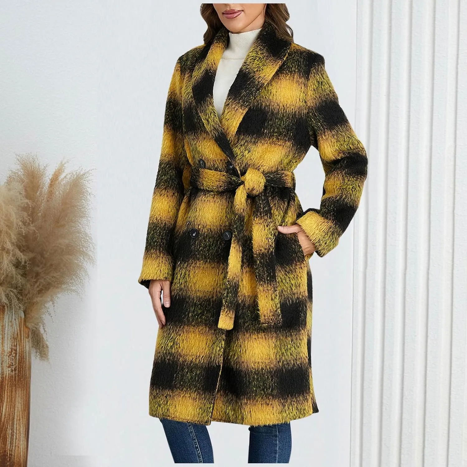 Trench Coat Women with Belt Double Breasted Plaid Coat Wool Blend Peacoat Lapel Overcoat Fashion Fall Winter Outfits