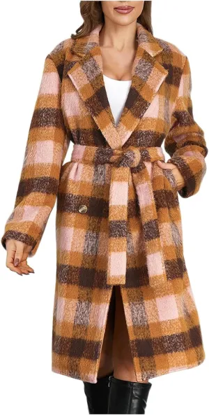 Trench Coat Women with Belt Double Breasted Plaid Coat Wool Blend Peacoat Lapel Overcoat Fashion Fall Winter Outfits