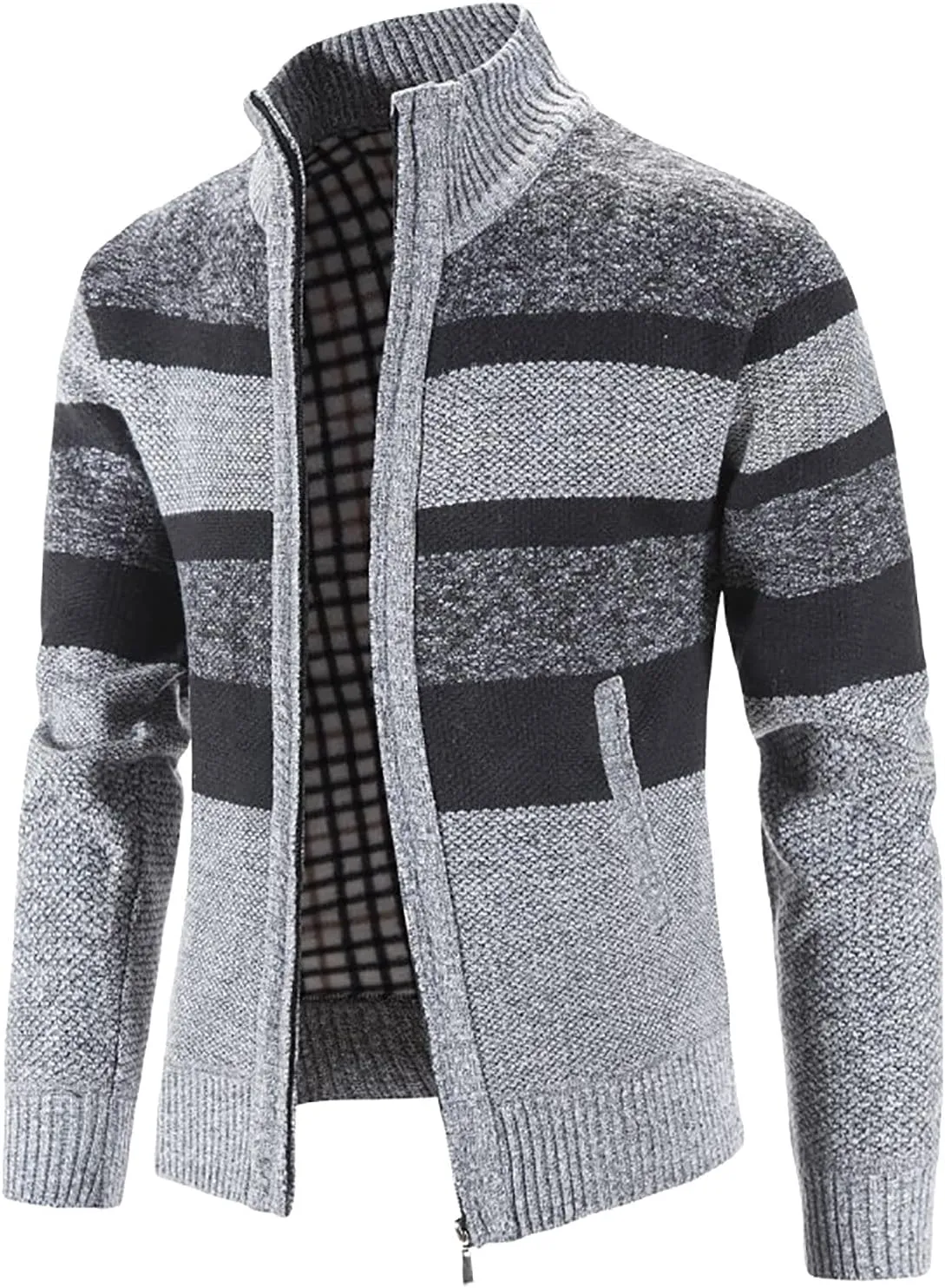 tuduoms Mens Full Zip Cardigan Thick Fleece Lined Sweater Coats Warm Winter Color Block Thermal Sweatshirts Jackets Pocket