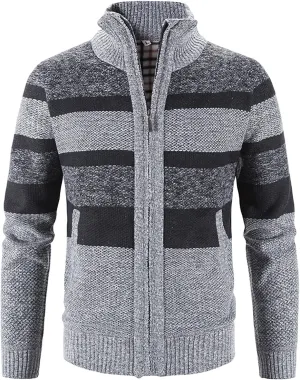 tuduoms Mens Full Zip Cardigan Thick Fleece Lined Sweater Coats Warm Winter Color Block Thermal Sweatshirts Jackets Pocket