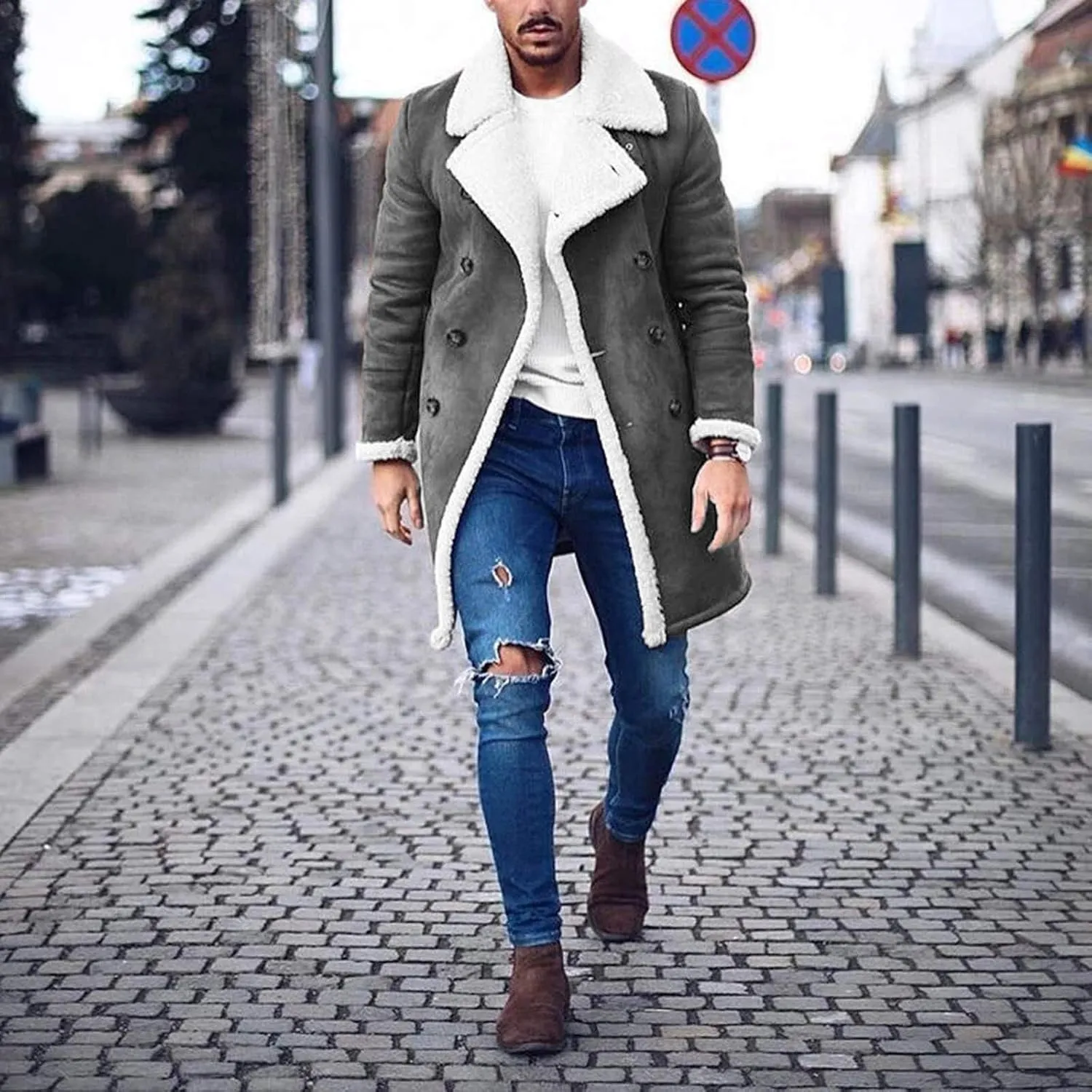 tuduoms Sherpa Black Leather Coat Men's Lapel Fleece Lined Leather Jacket Winter Warm Long Trench Coat Motorbike Bomber Coat
