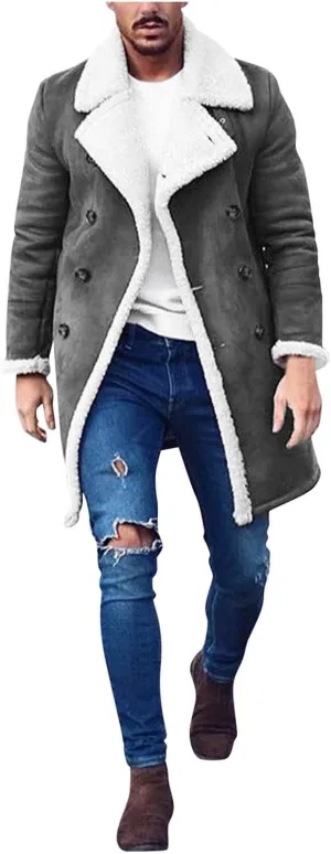 tuduoms Sherpa Black Leather Coat Men's Lapel Fleece Lined Leather Jacket Winter Warm Long Trench Coat Motorbike Bomber Coat