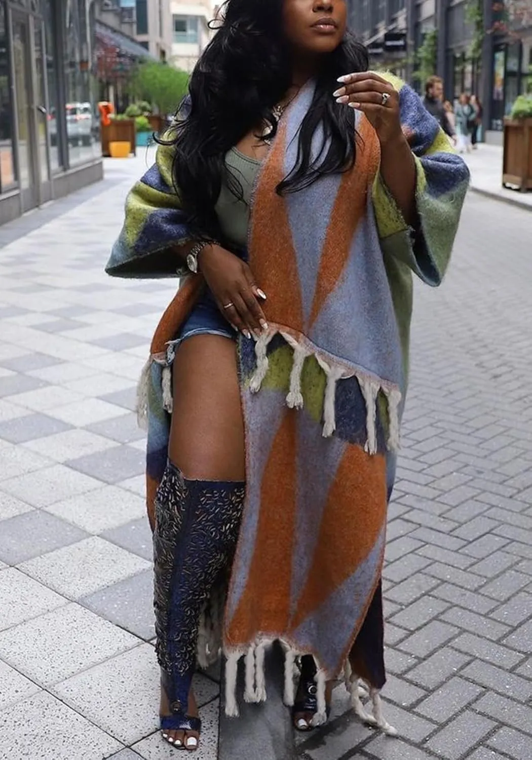 Vakkest Open Front Tassel Sweater Cardigan for Women Color Block Cozy Chunky Knit Fringe Wrap Duster Kimono Trench Coat