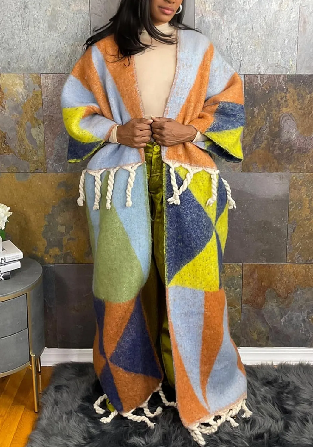 Vakkest Open Front Tassel Sweater Cardigan for Women Color Block Cozy Chunky Knit Fringe Wrap Duster Kimono Trench Coat