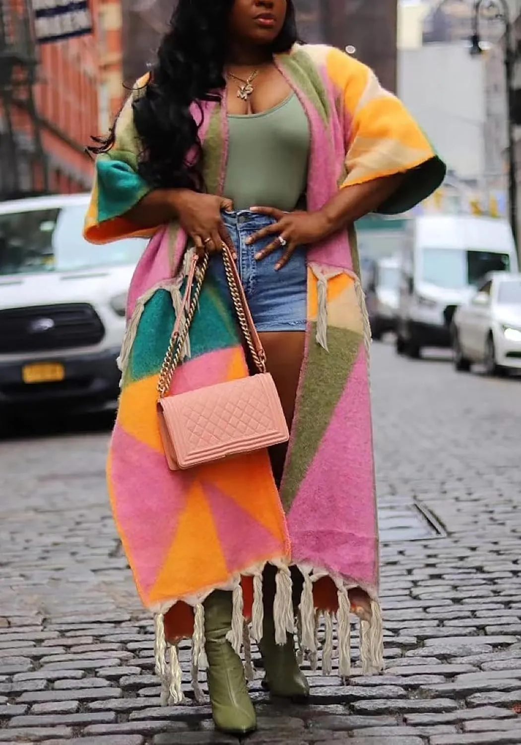 Vakkest Open Front Tassel Sweater Cardigan for Women Color Block Cozy Chunky Knit Fringe Wrap Duster Kimono Trench Coat