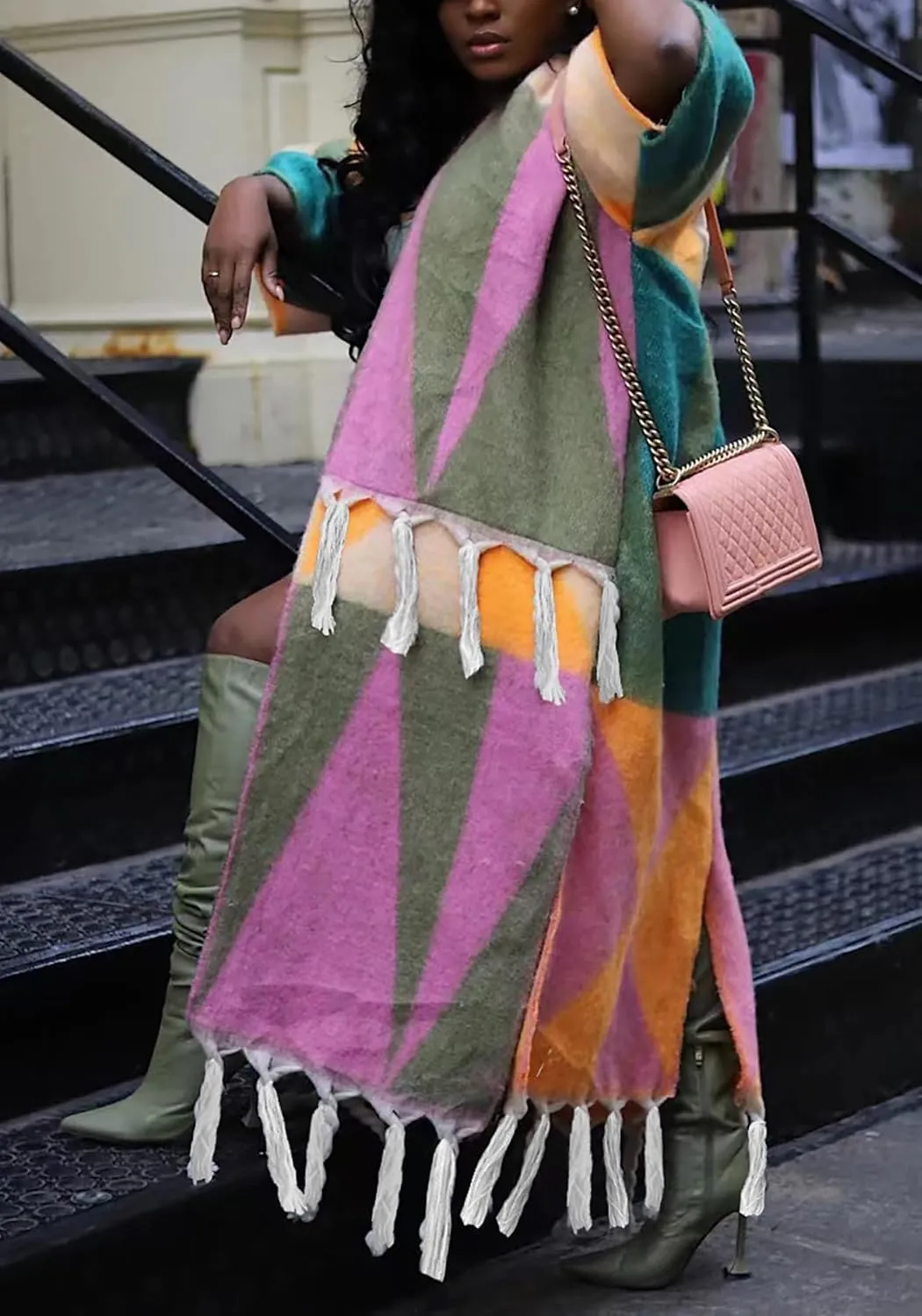 Vakkest Open Front Tassel Sweater Cardigan for Women Color Block Cozy Chunky Knit Fringe Wrap Duster Kimono Trench Coat