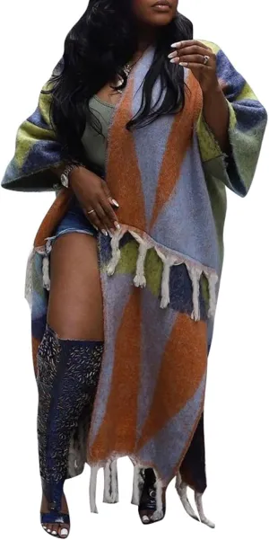 Vakkest Open Front Tassel Sweater Cardigan for Women Color Block Cozy Chunky Knit Fringe Wrap Duster Kimono Trench Coat