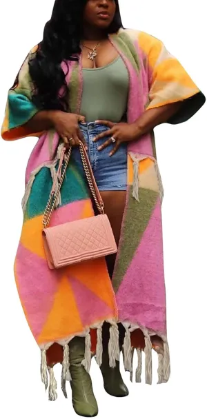 Vakkest Open Front Tassel Sweater Cardigan for Women Color Block Cozy Chunky Knit Fringe Wrap Duster Kimono Trench Coat