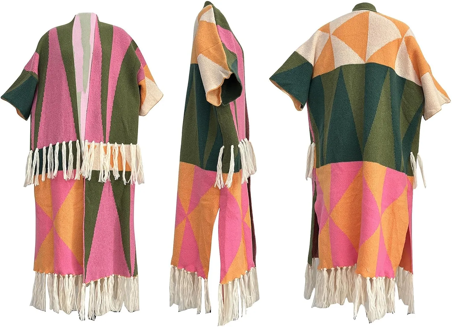 Vakkest Open Front Tassel Sweater Cardigan for Women Color Block Cozy Chunky Knit Fringe Wrap Duster Kimono Trench Coat