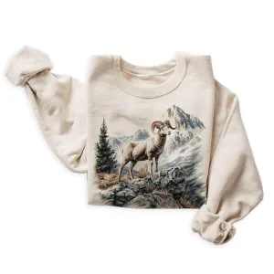 Vintage Bighorn Sheep Wilderness Scene - 90s Retro Big Horn Sheep Wildlife Sweatshirt - Scenic Mountain Nature Cozy Fall Sweater - Unisex Graphic Crewneck Sweatshirt