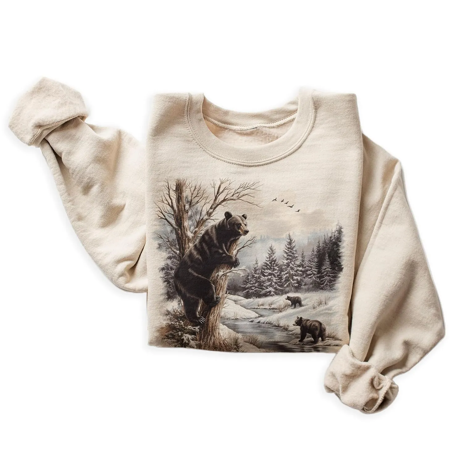 Vintage Black Bear Wilderness Scene Sweatshirt - 90s Vintage Bear Pullover - Scenic Cozy Winter Mountain Creek Forest Nature Sweater - Unisex Graphic Crewneck Sweatshirt