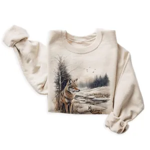 Vintage Coyote Wilderness Scene - 90s Retro Coyote Wildlife Animal Sweatshirt - Scenic Snowy Winter River Nature Cozy Fall Sweater - Unisex Graphic Crewneck Sweatshirt