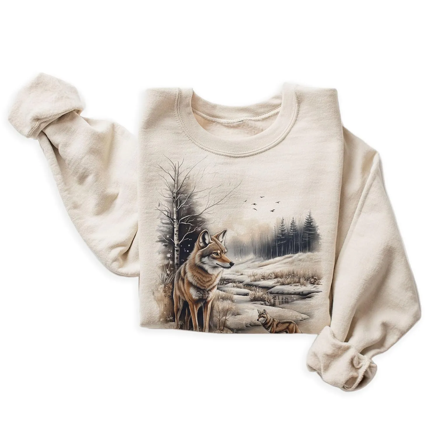 Vintage Coyote Wilderness Scene - 90s Retro Coyote Wildlife Animal Sweatshirt - Scenic Snowy Winter River Nature Cozy Fall Sweater - Unisex Graphic Crewneck Sweatshirt