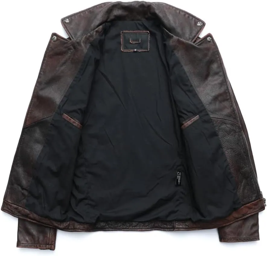 Vintage Distressed Motorcycle Jacket For Men Leather Moto Jackets Cowhide Leather Biker Coats