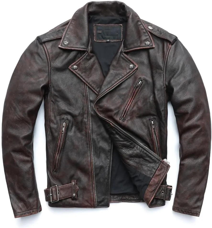 Vintage Distressed Motorcycle Jacket For Men Leather Moto Jackets Cowhide Leather Biker Coats