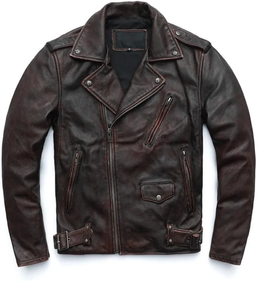Vintage Distressed Motorcycle Jacket For Men Leather Moto Jackets Cowhide Leather Biker Coats