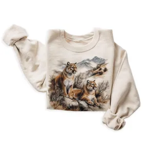 Vintage Mountain Lion Wilderness Scene - 90s Retro Cougar Big Cat Wildlife Sweatshirt - Scenic Nature Cozy Fall Sweater - Unisex Graphic Crewneck Sweatshirt