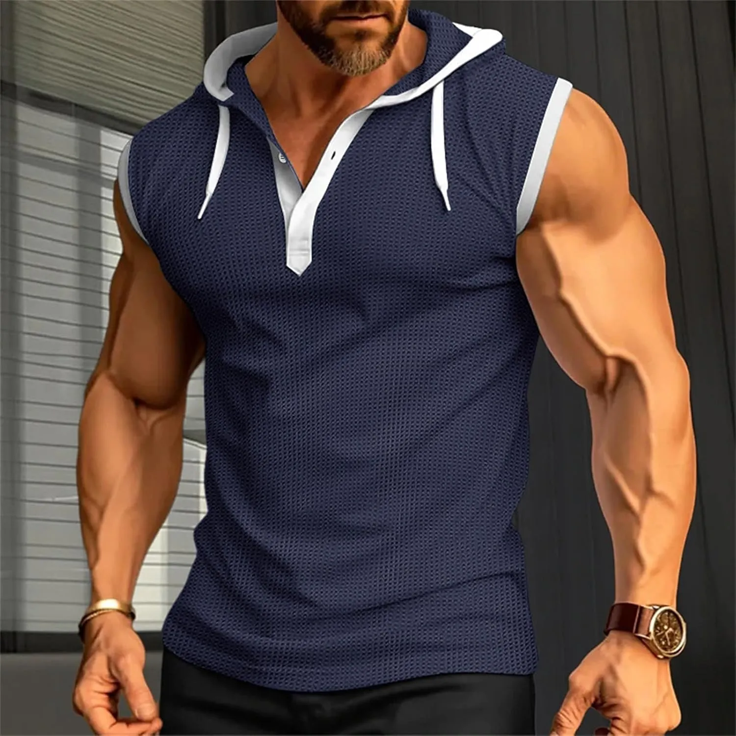 Waffle Tank Top for Men Hooded Shirts Gym Workout Bodybuilding Sleeveless Muscle T Shirts Block Color Vest Hoodies