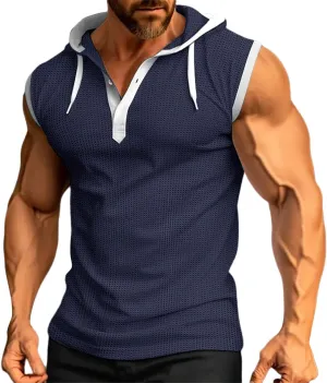 Waffle Tank Top for Men Hooded Shirts Gym Workout Bodybuilding Sleeveless Muscle T Shirts Block Color Vest Hoodies