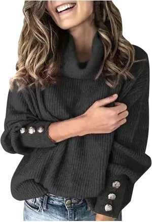Warm Winter Sweaters for Women Turtle Neck Ribbed Knit Jumper Sweater Tops Long Sleeve Oversized Button Tops Blouse