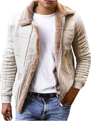 Winter Coats for Men Vintage Suede Faux Fur Jacket Lapel Sherpa Lined Coat Bomber Leather Flying Aviator Jacket Outwear