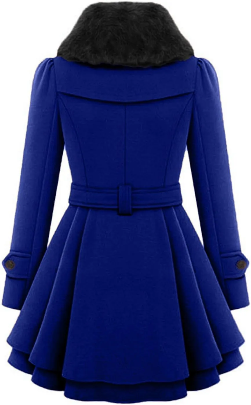 Winter Coats for Women Casual Doubel-Breasted Wool Blend Dress Coats Long Sleeve Warm Faux Fur Collar Pea Coats