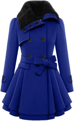 Winter Coats for Women Casual Doubel-Breasted Wool Blend Dress Coats Long Sleeve Warm Faux Fur Collar Pea Coats
