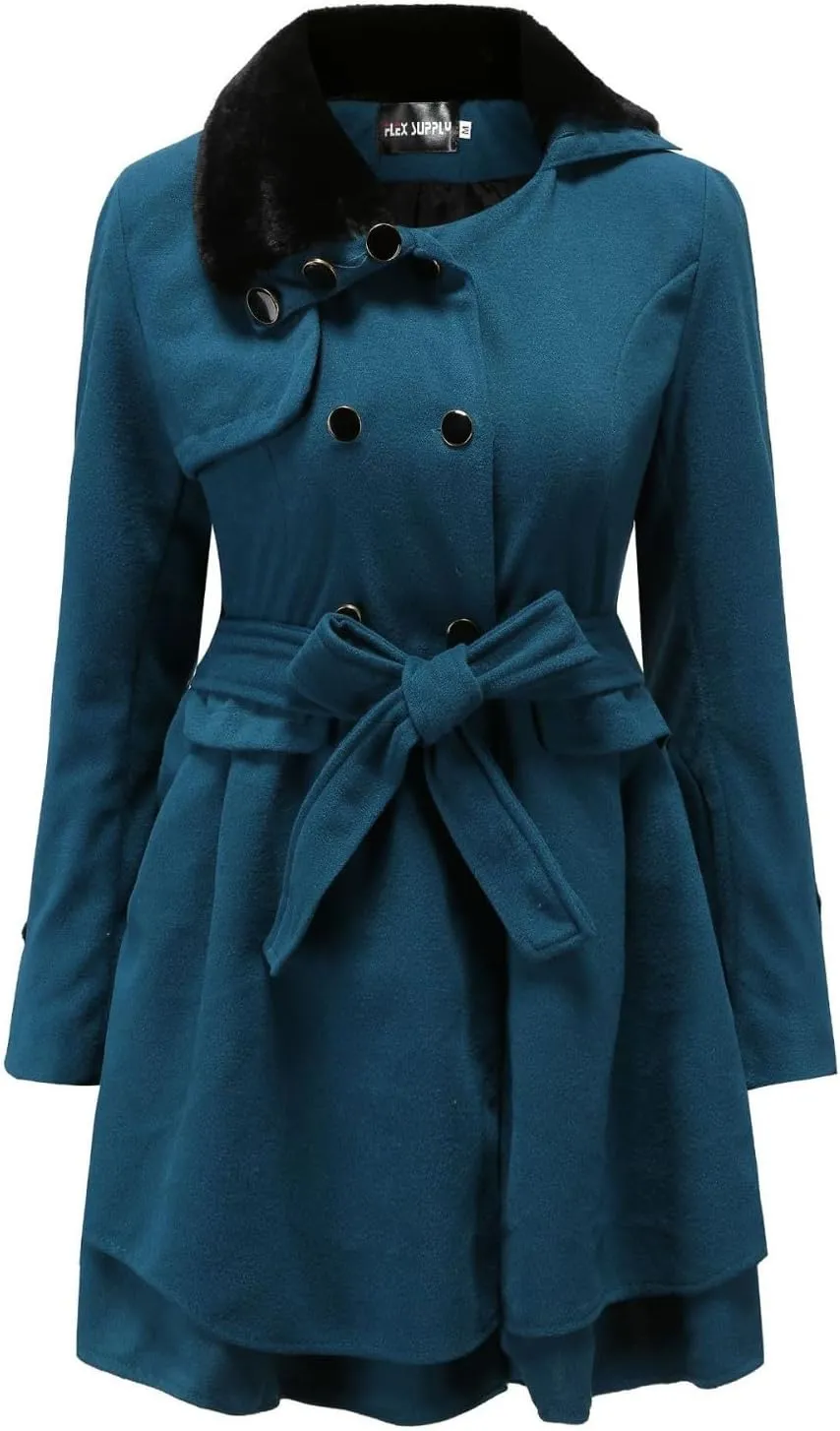 Winter Coats for Women Casual Doubel-Breasted Wool Blend Dress Coats Long Sleeve Warm Faux Fur Collar Pea Coats