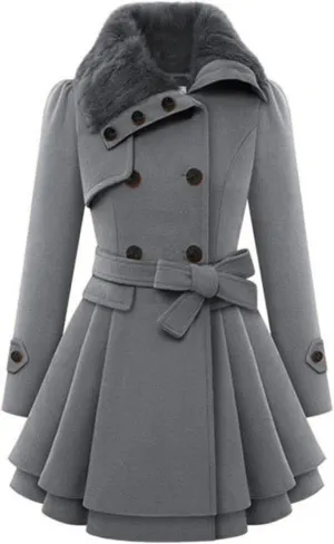 Winter Coats for Women Casual Doubel-Breasted Wool Blend Dress Coats Long Sleeve Warm Faux Fur Collar Pea Coats