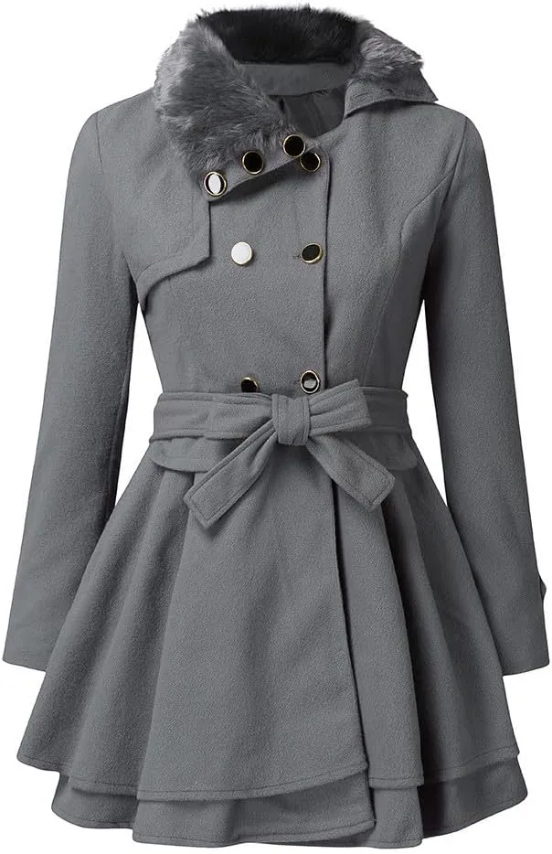 Winter Coats for Women Casual Doubel-Breasted Wool Blend Dress Coats Long Sleeve Warm Faux Fur Collar Pea Coats