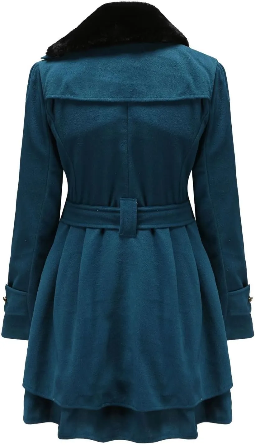 Winter Coats for Women Casual Doubel-Breasted Wool Blend Dress Coats Long Sleeve Warm Faux Fur Collar Pea Coats