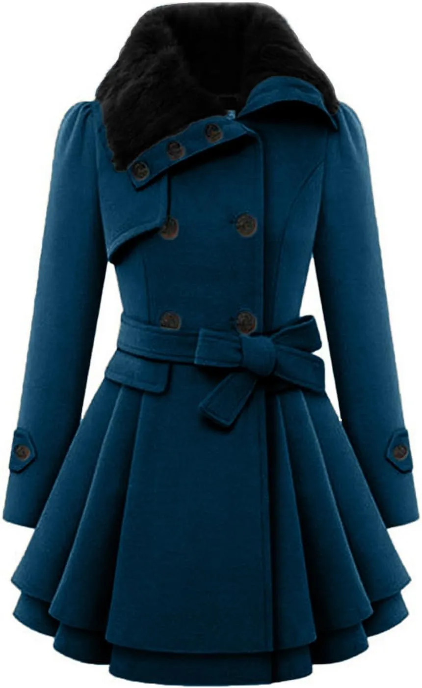 Winter Coats for Women Casual Doubel-Breasted Wool Blend Dress Coats Long Sleeve Warm Faux Fur Collar Pea Coats
