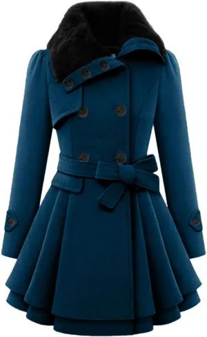 Winter Coats for Women Casual Doubel-Breasted Wool Blend Dress Coats Long Sleeve Warm Faux Fur Collar Pea Coats