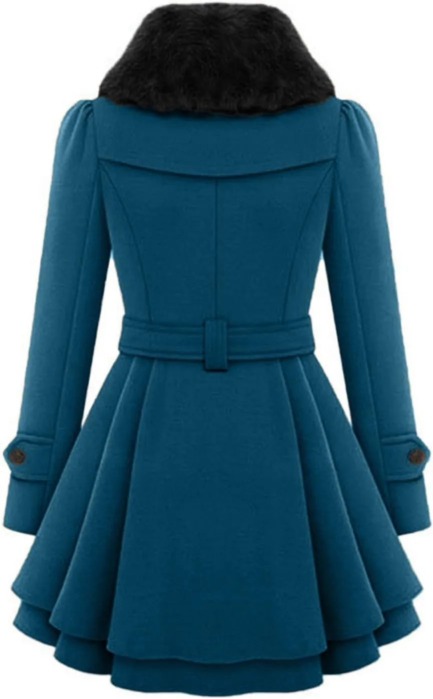 Winter Coats for Women Casual Doubel-Breasted Wool Blend Dress Coats Long Sleeve Warm Faux Fur Collar Pea Coats