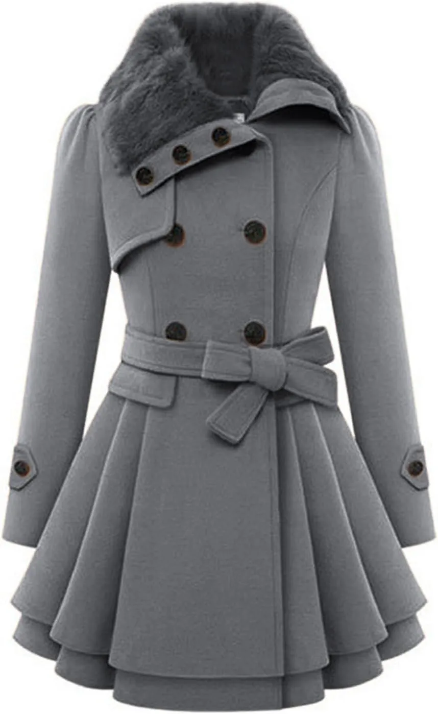 Winter Coats for Women Casual Doubel-Breasted Wool Blend Dress Coats Long Sleeve Warm Faux Fur Collar Pea Coats
