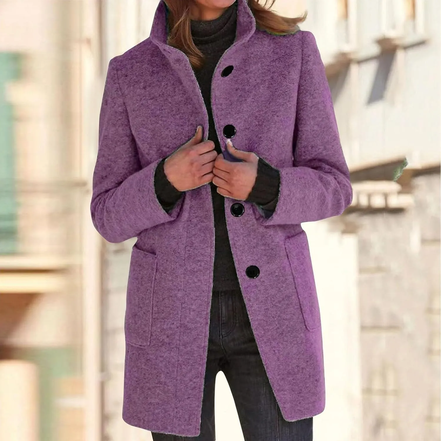 Winter Coats For Women Casual Trendy Overcoat Loose Warm Wool Blend Stand Collar Coat