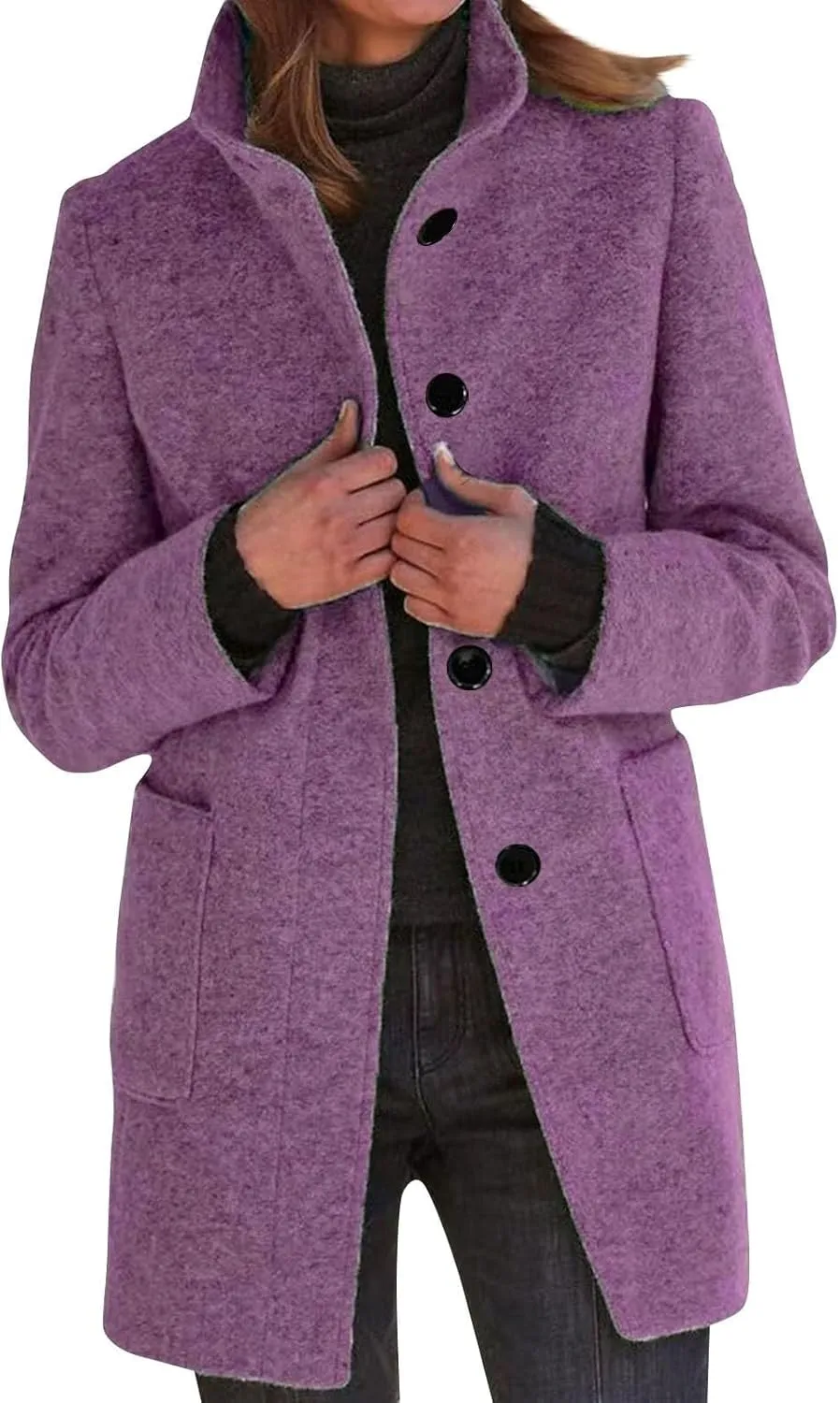 Winter Coats For Women Casual Trendy Overcoat Loose Warm Wool Blend Stand Collar Coat