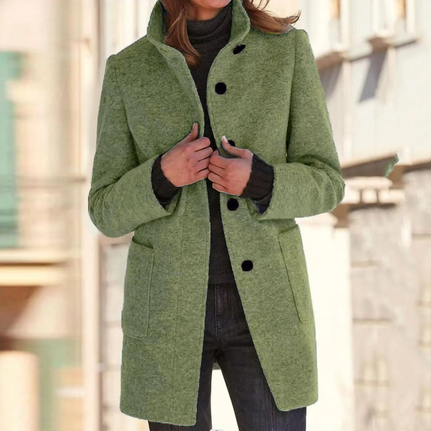 Winter Coats For Women Casual Trendy Overcoat Loose Warm Wool Blend Stand Collar Coat
