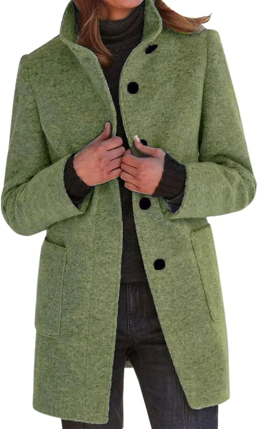 Winter Coats For Women Casual Trendy Overcoat Loose Warm Wool Blend Stand Collar Coat