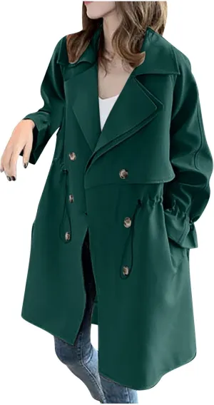 Winter Coats for Women Double-Breasted Long Trench Coat Classic Lapel Oversized Overcoat With Drawstring