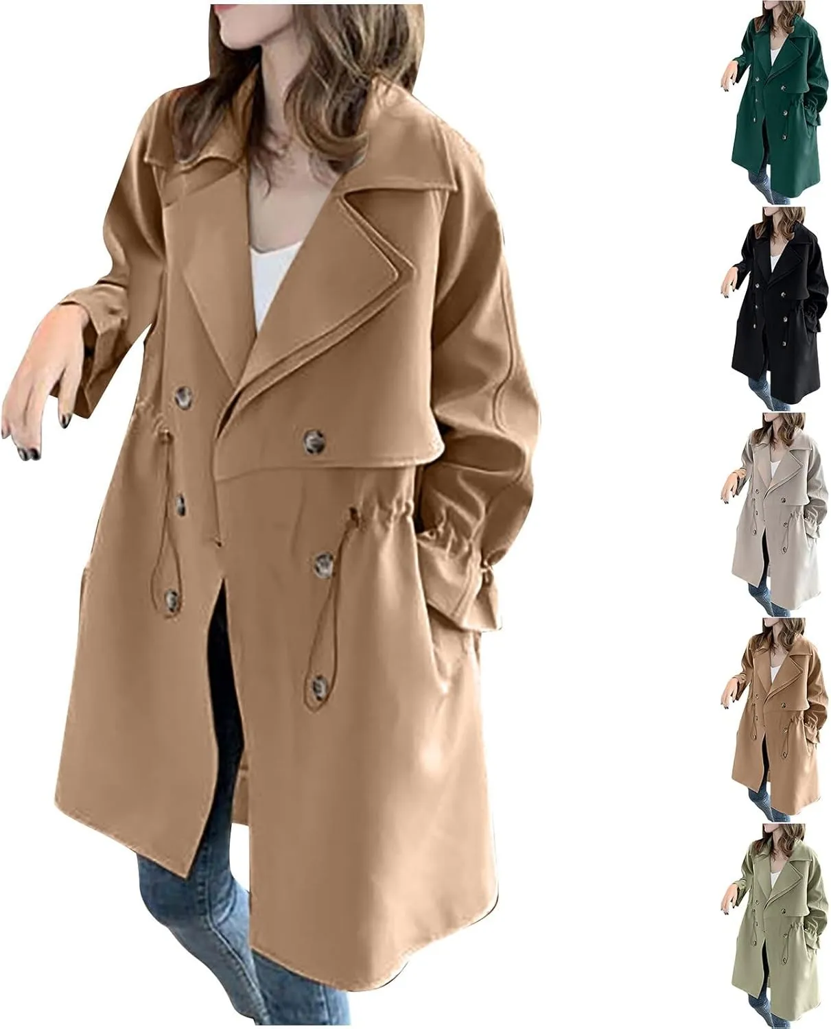 Winter Coats for Women Double-Breasted Long Trench Coat Classic Lapel Oversized Overcoat With Drawstring