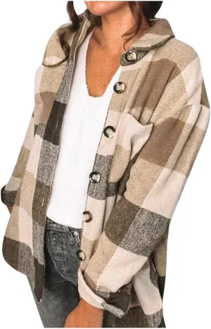Winter Coats for Women Long Sleeve Plaid Shirts Flannel Lapel Button Down Casual Jacket Loose Outfit Coats